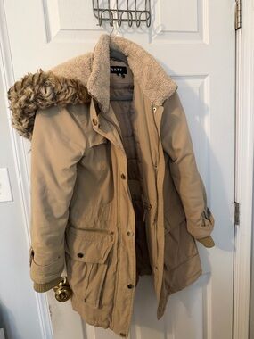 DKNY Tan Puffer Parka with Faux Fur Trim